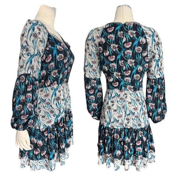 ELLIATT Emilia Long Sleeve Floral Print Asymmetrical Cocktail Mini Dress Small - Picture 9 of 10